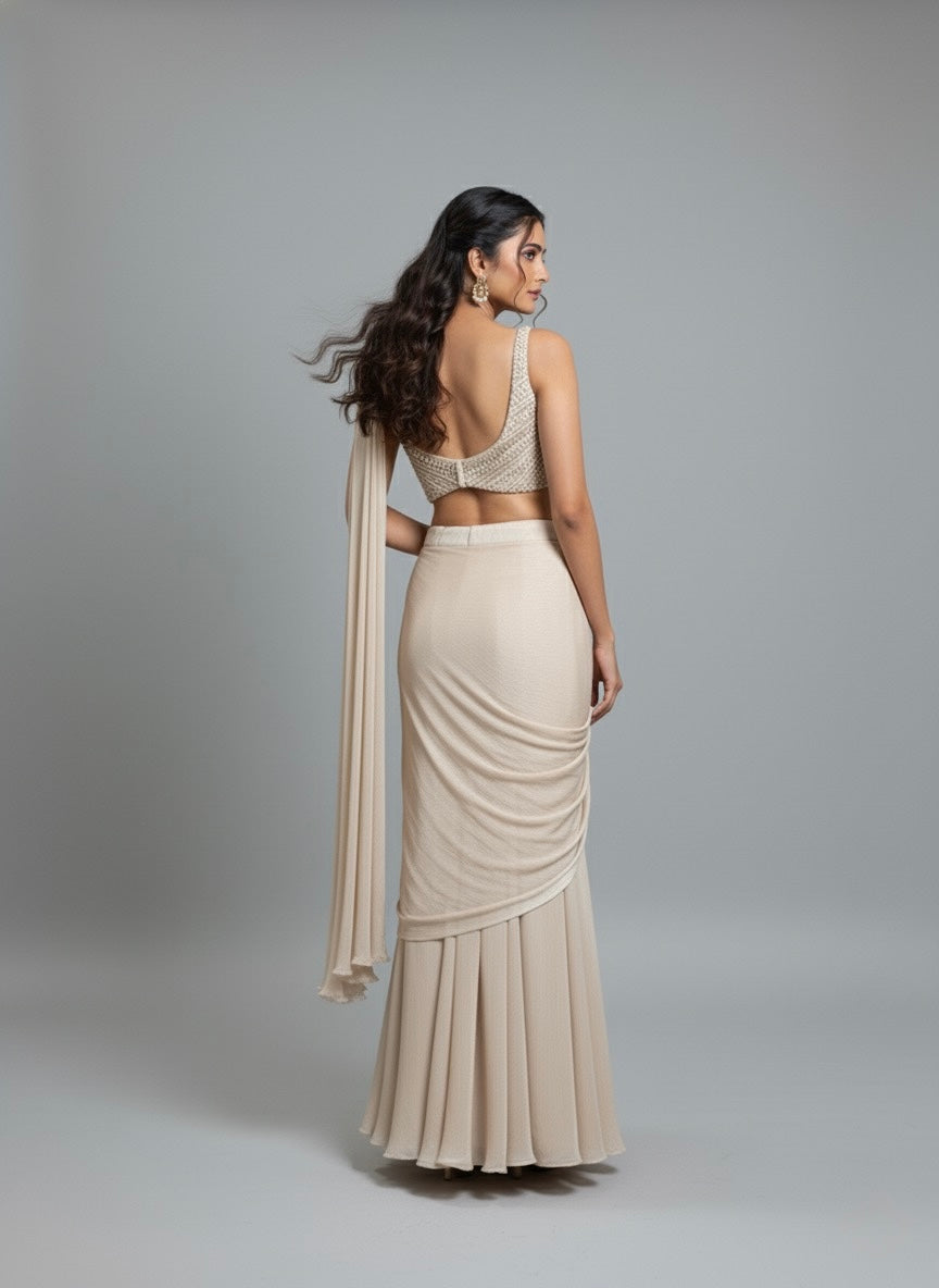 Ivory Draped Saree Gown with Embellished Bustier Blouse