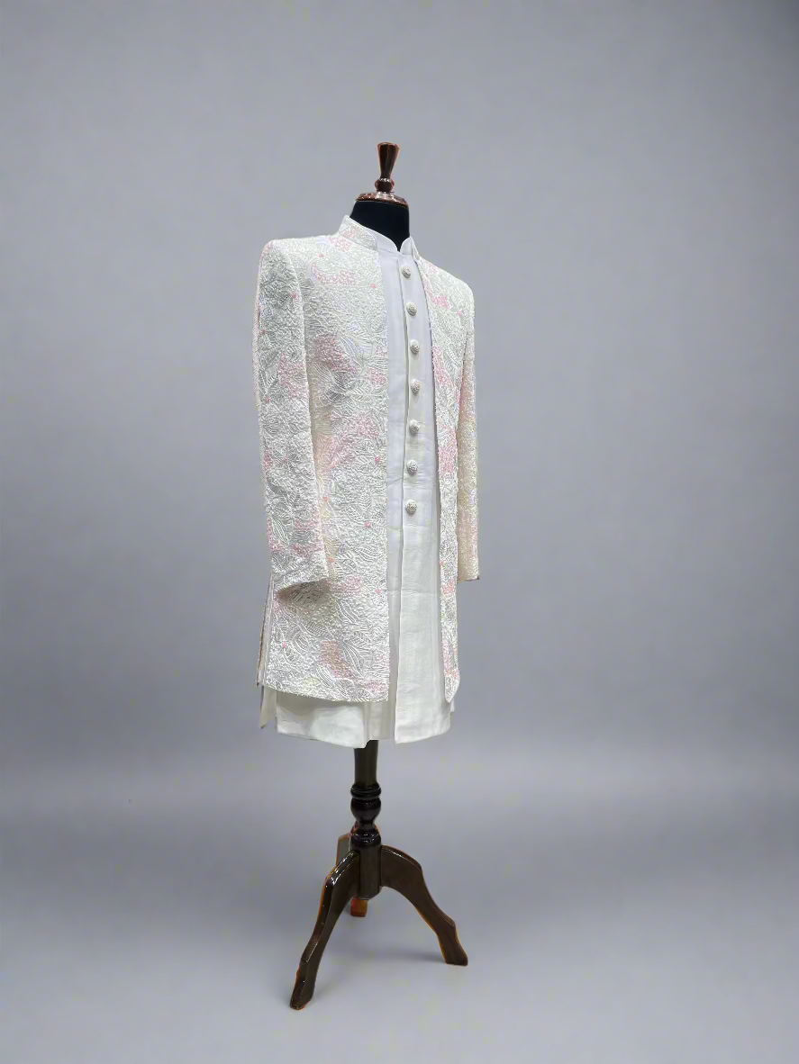 Ivory Embroidered Indo-Western Jacket with Subtle Pink Detailing