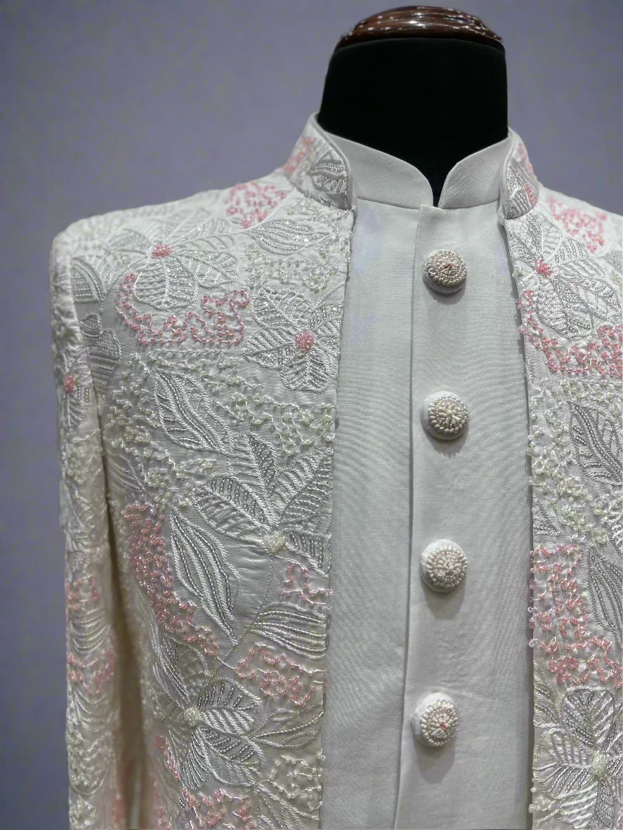Ivory Embroidered Indo-Western Jacket with Subtle Pink Detailing