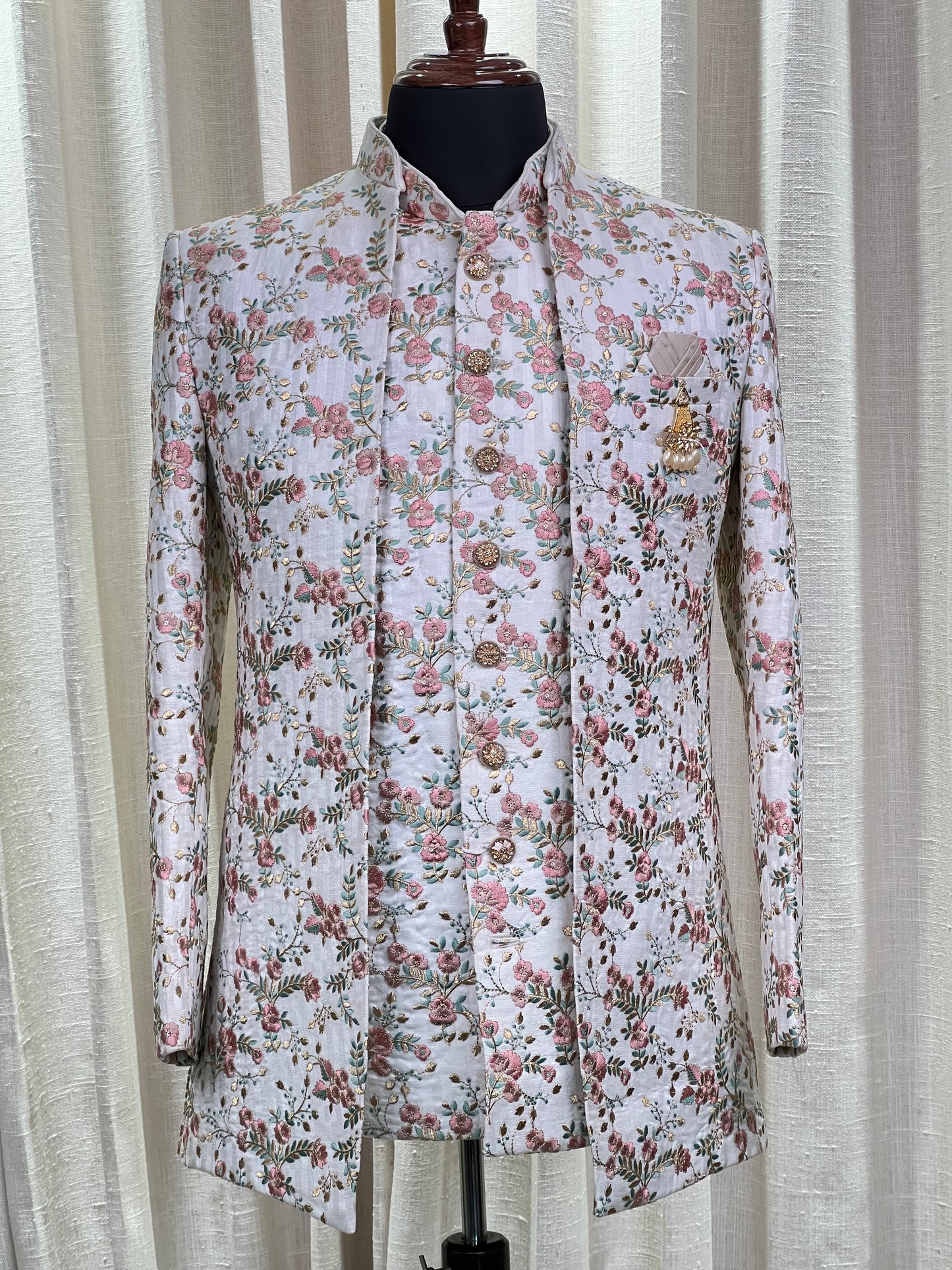 Ivory Floral Embroidered Jodhpuri Suit with Rose Gold Accents