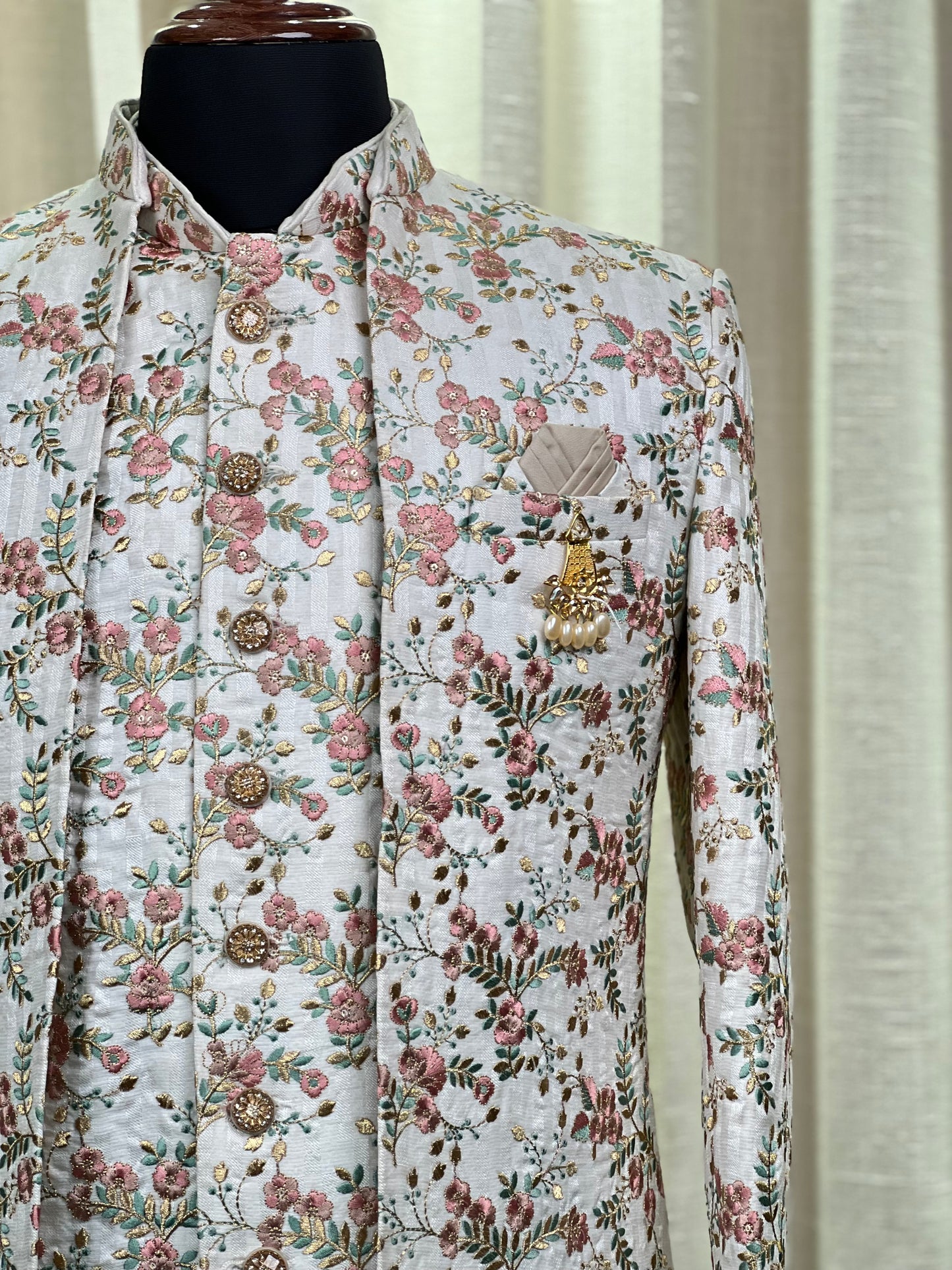 Ivory Floral Embroidered Jodhpuri Suit with Rose Gold Accents