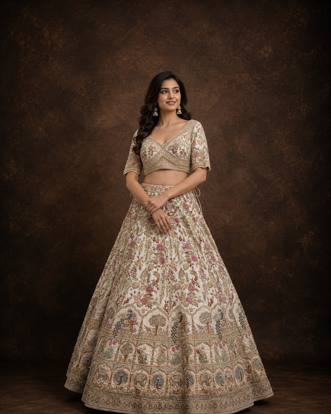 Ivory Floral Embroidered Bridal Lehenga with Peacock Motif Border and Handcrafted Zari Work
