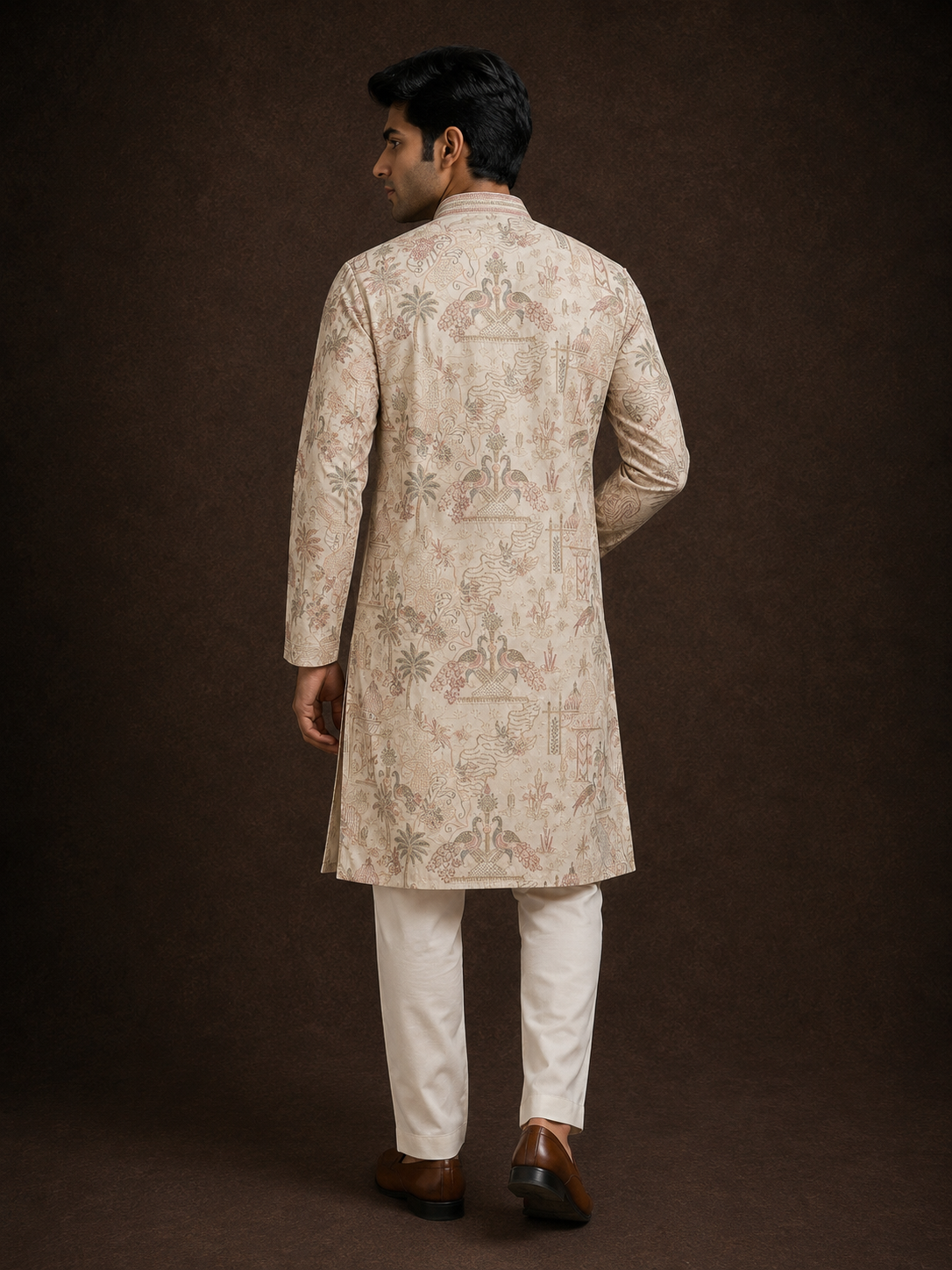 Ivory Heritage Print Kurta for Men with Mughal Scenic Motif and Mandarin Collar