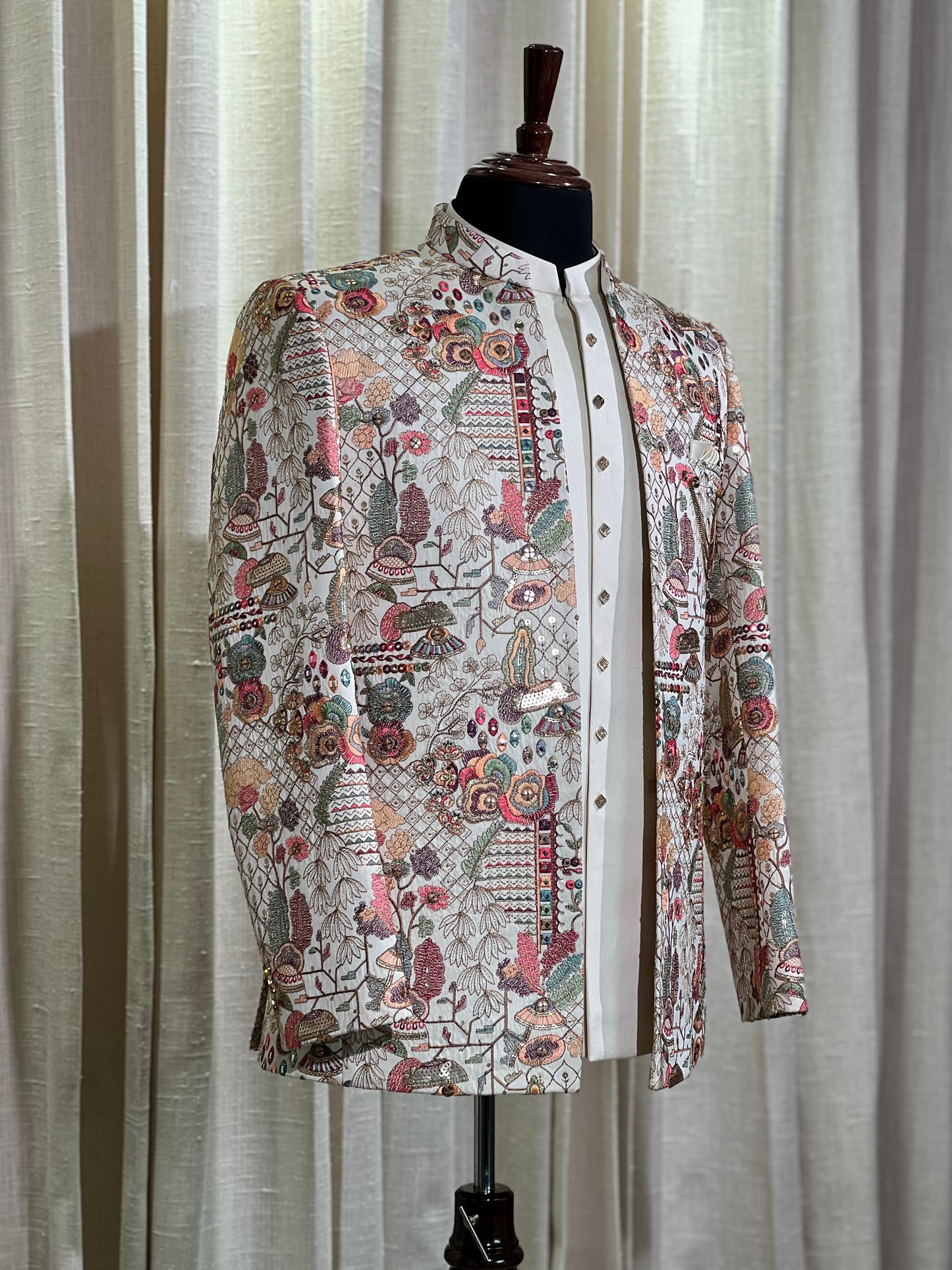 Ivory Jodhpuri Suit with Rich Multicolor Thread Embroidery and Chain Detailing