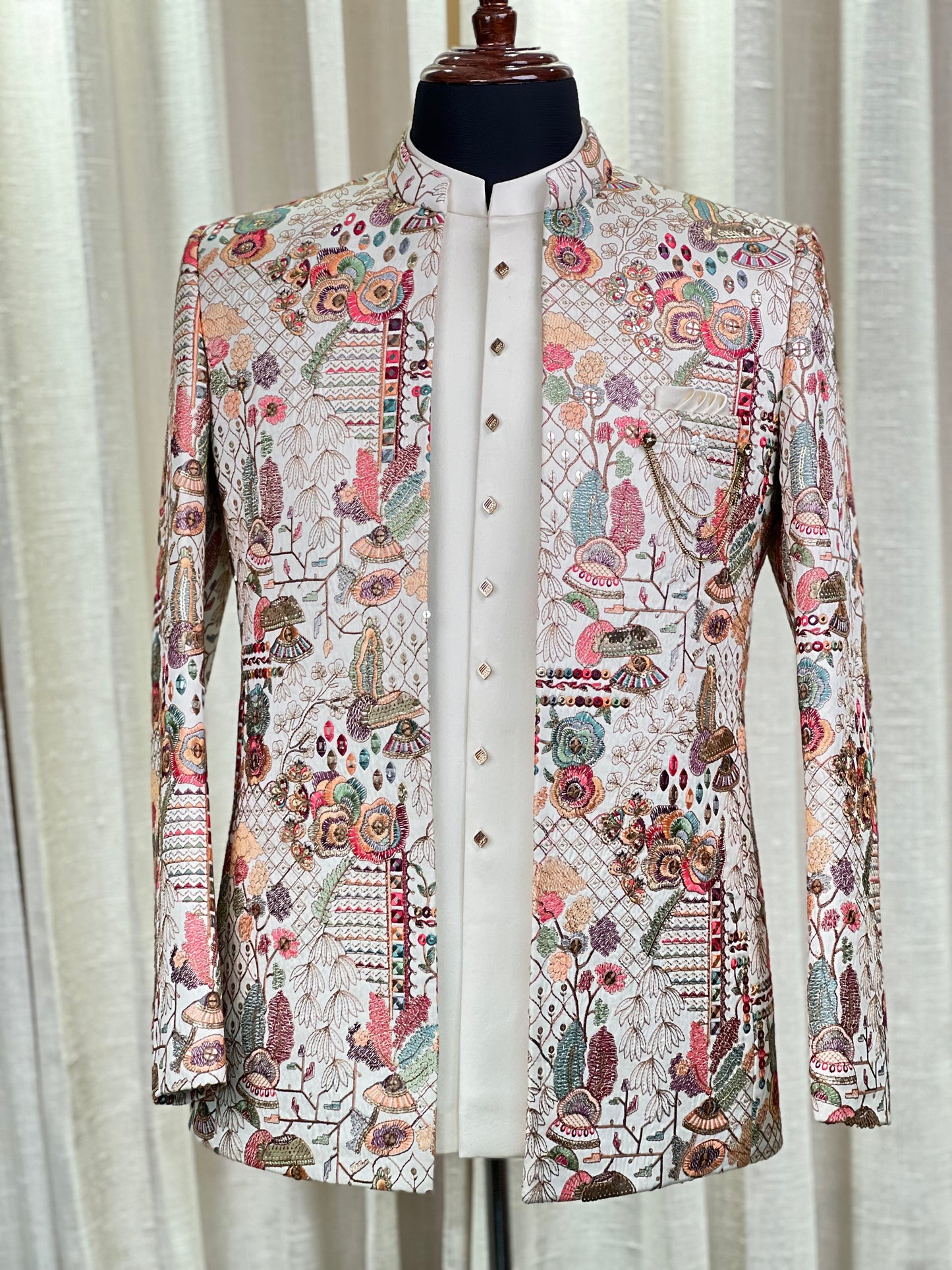 Ivory Jodhpuri Suit with Rich Multicolor Thread Embroidery and Chain Detailing