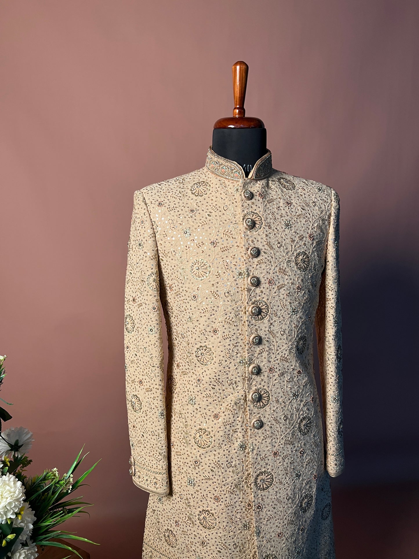Ivory Mirror & Zari Embroidered Royal Sherwani