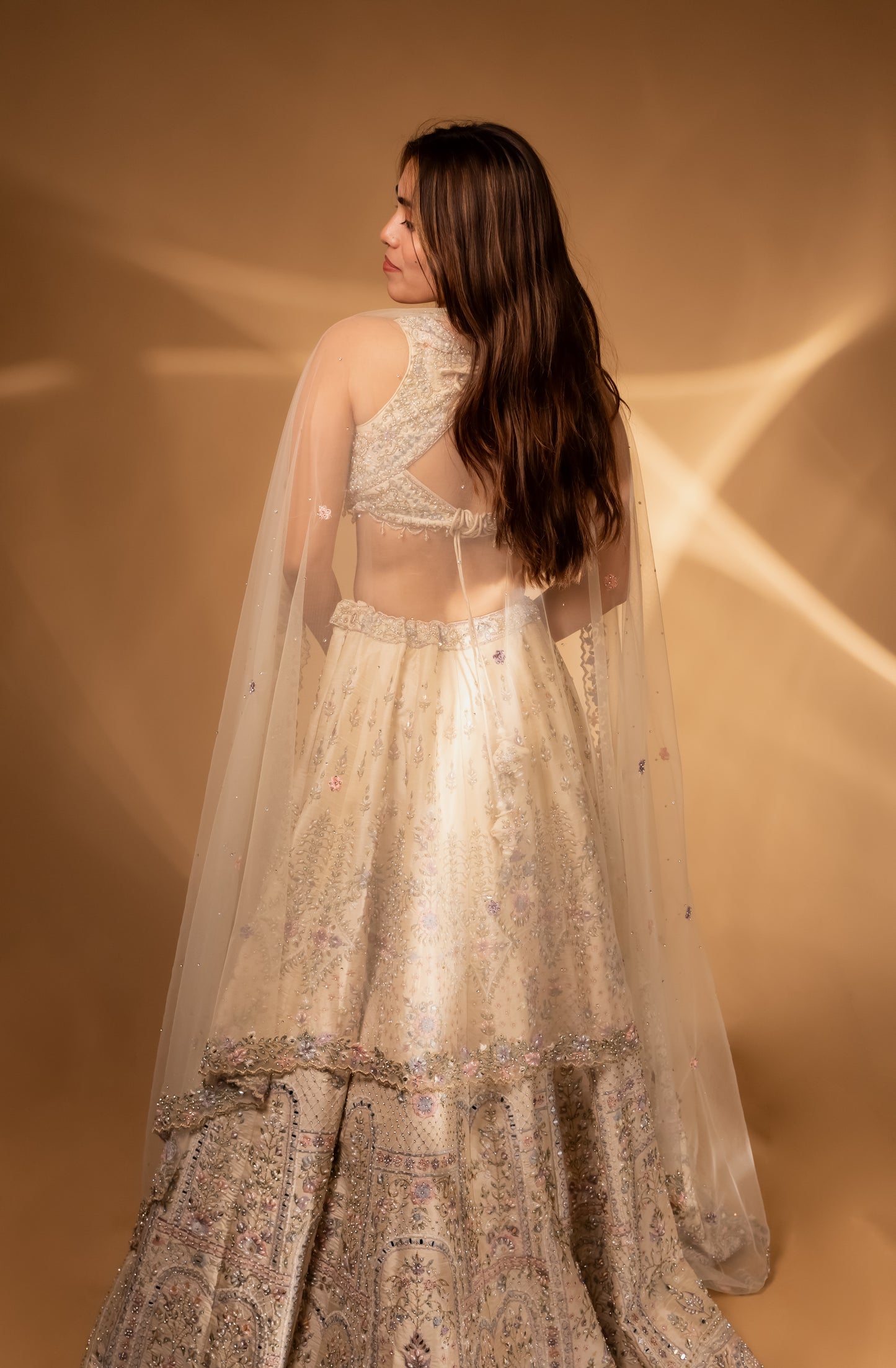 Ivory Pastel Embroidered Bridal Lehenga Choli with Crystal Handwork