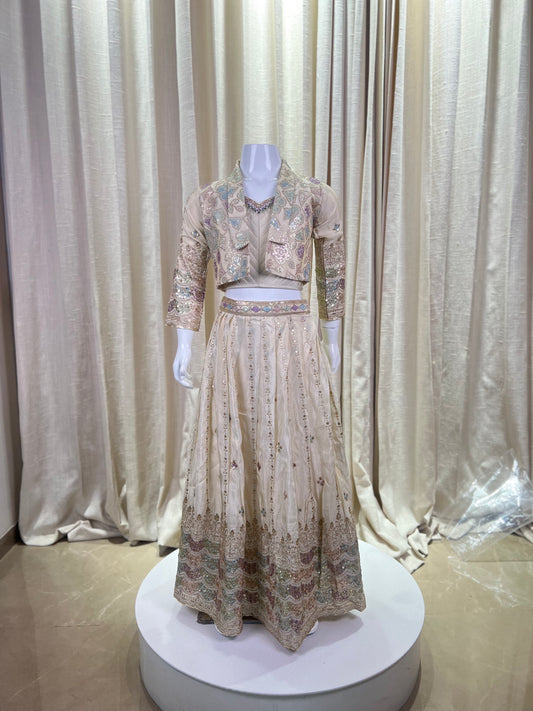 Ivory Pearl Embroidered Lehenga Set with Jacket for Girls