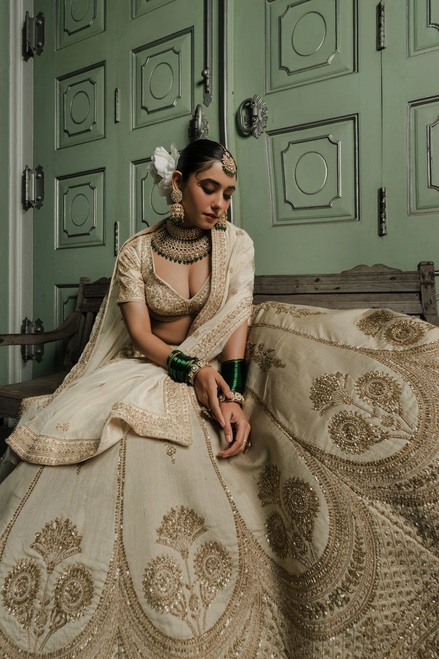Ivory Raw Silk Lehenga with Antique Zardosi Embroidery