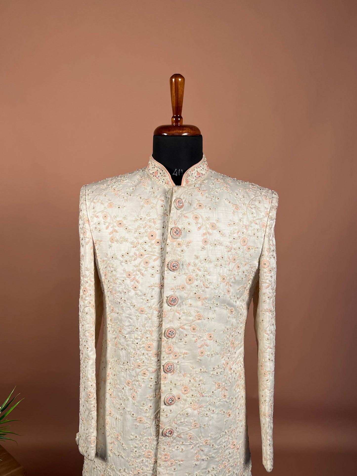 Ivory Royal Buttoned Sherwani with All-Over Thread Embroidery