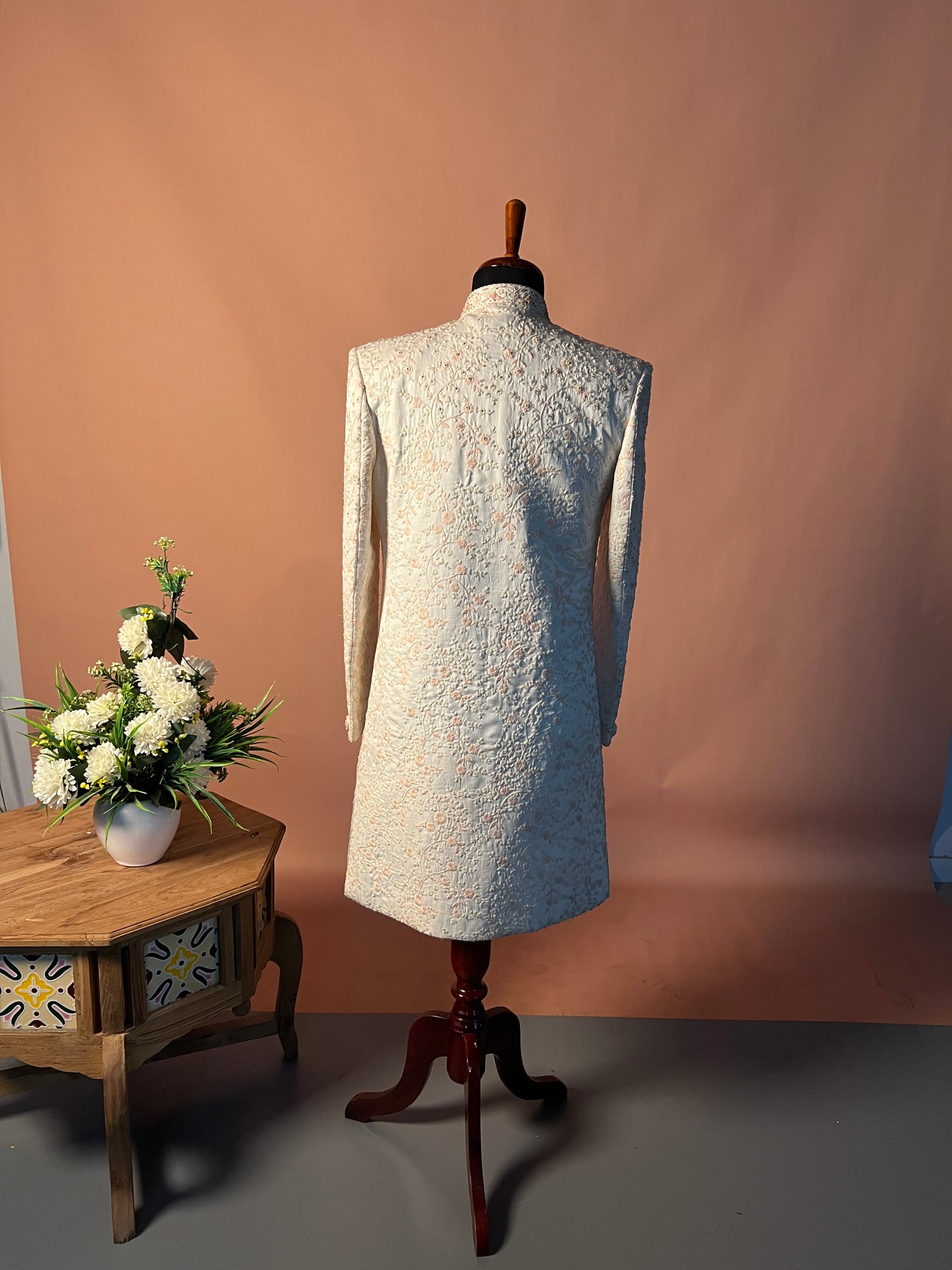 Ivory Royal Buttoned Sherwani with All-Over Thread Embroidery