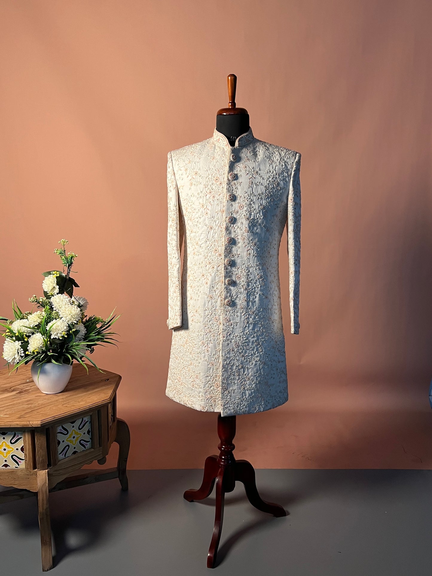 Ivory Royal Buttoned Sherwani with All-Over Thread Embroidery