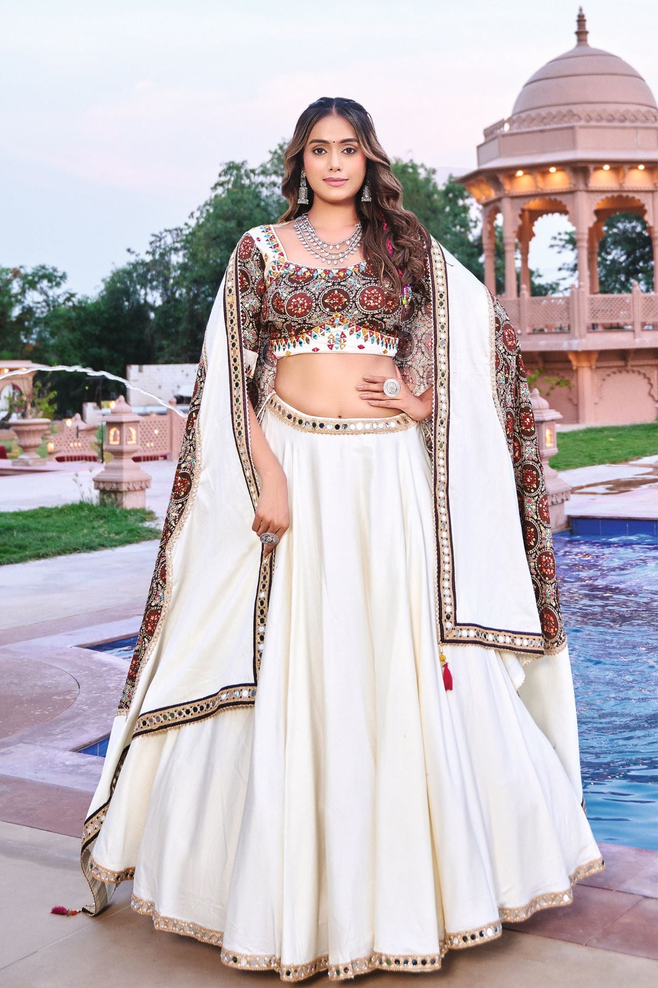 Ivory White Chaniya Choli with Kutchi Mirror Work Blouse & Dupatta