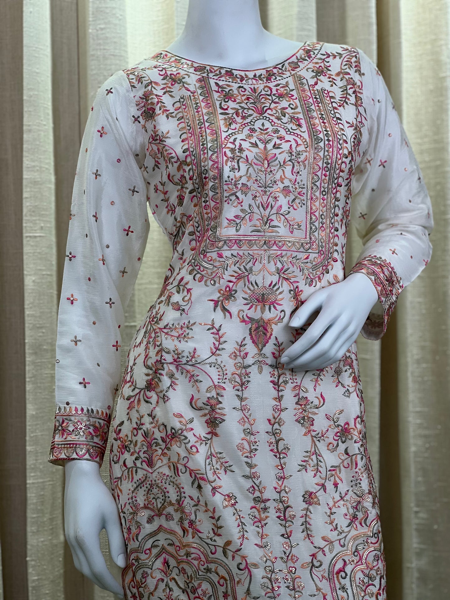 Ivory White Embroidered Kurti Set with Subtle Sequin Accents