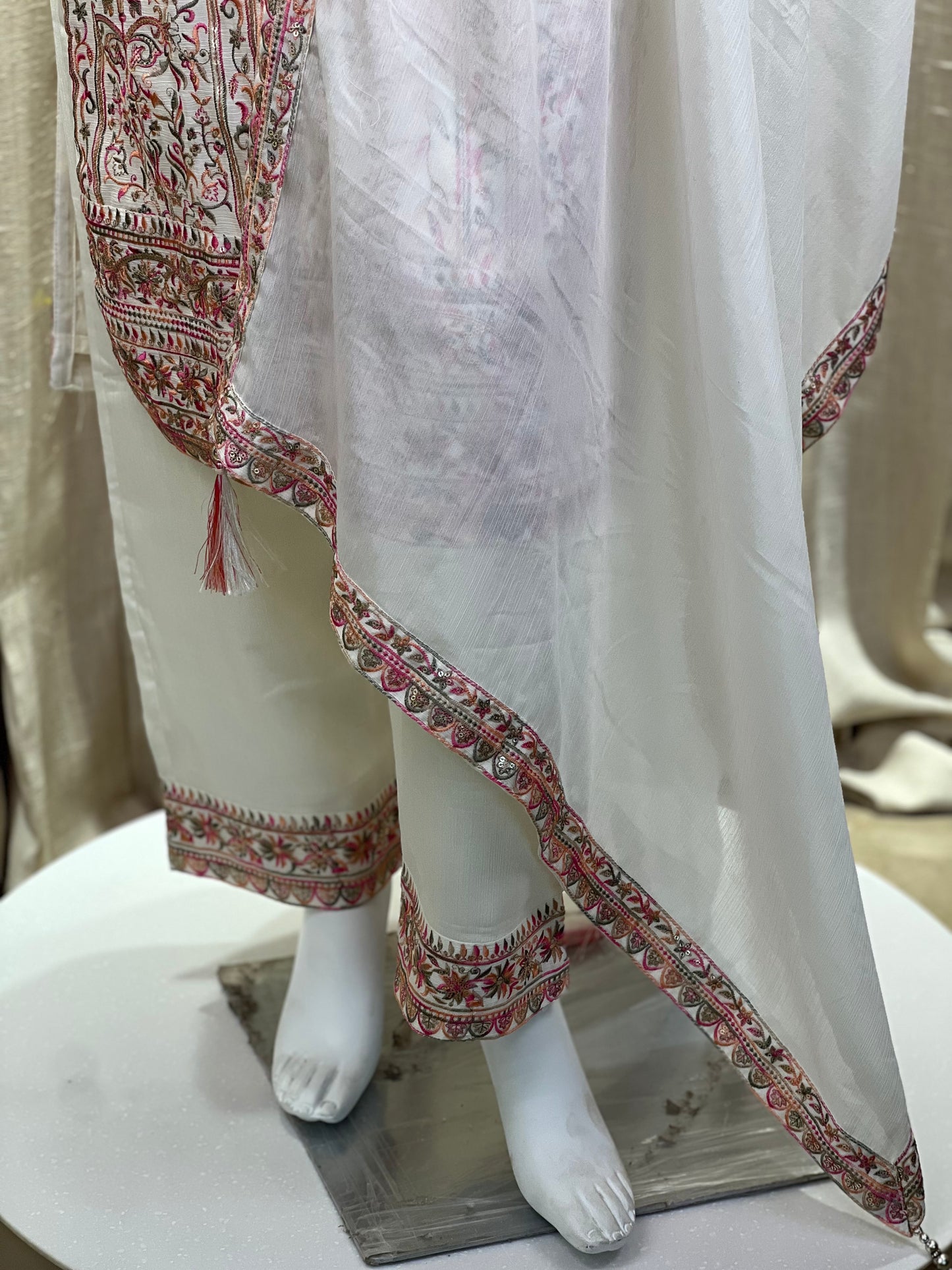 Ivory White Embroidered Kurti Set with Subtle Sequin Accents
