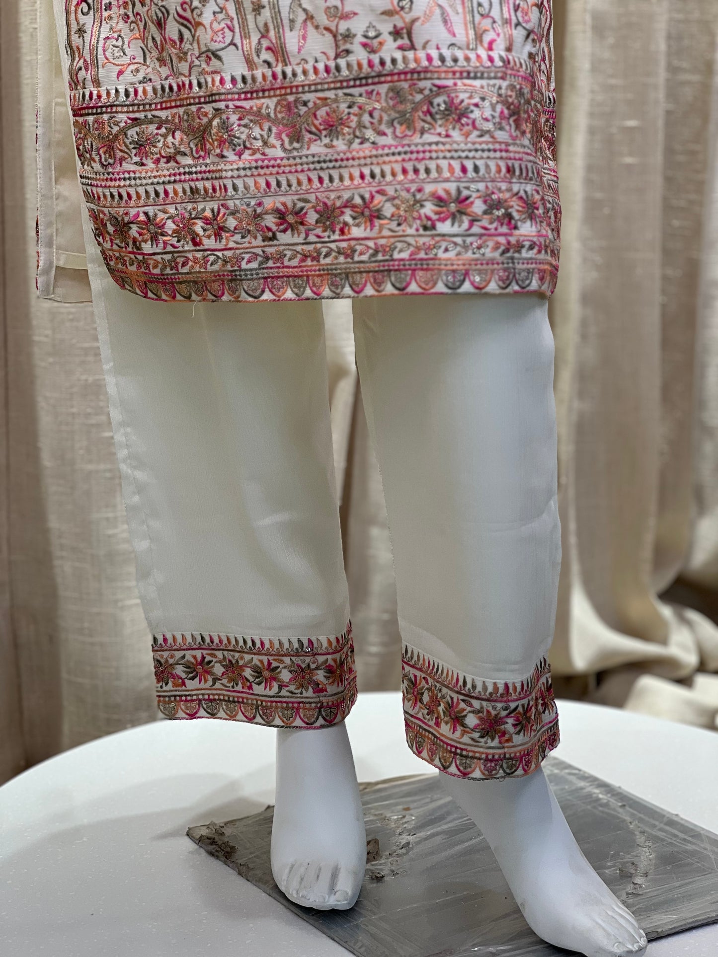 Ivory White Embroidered Kurti Set with Subtle Sequin Accents