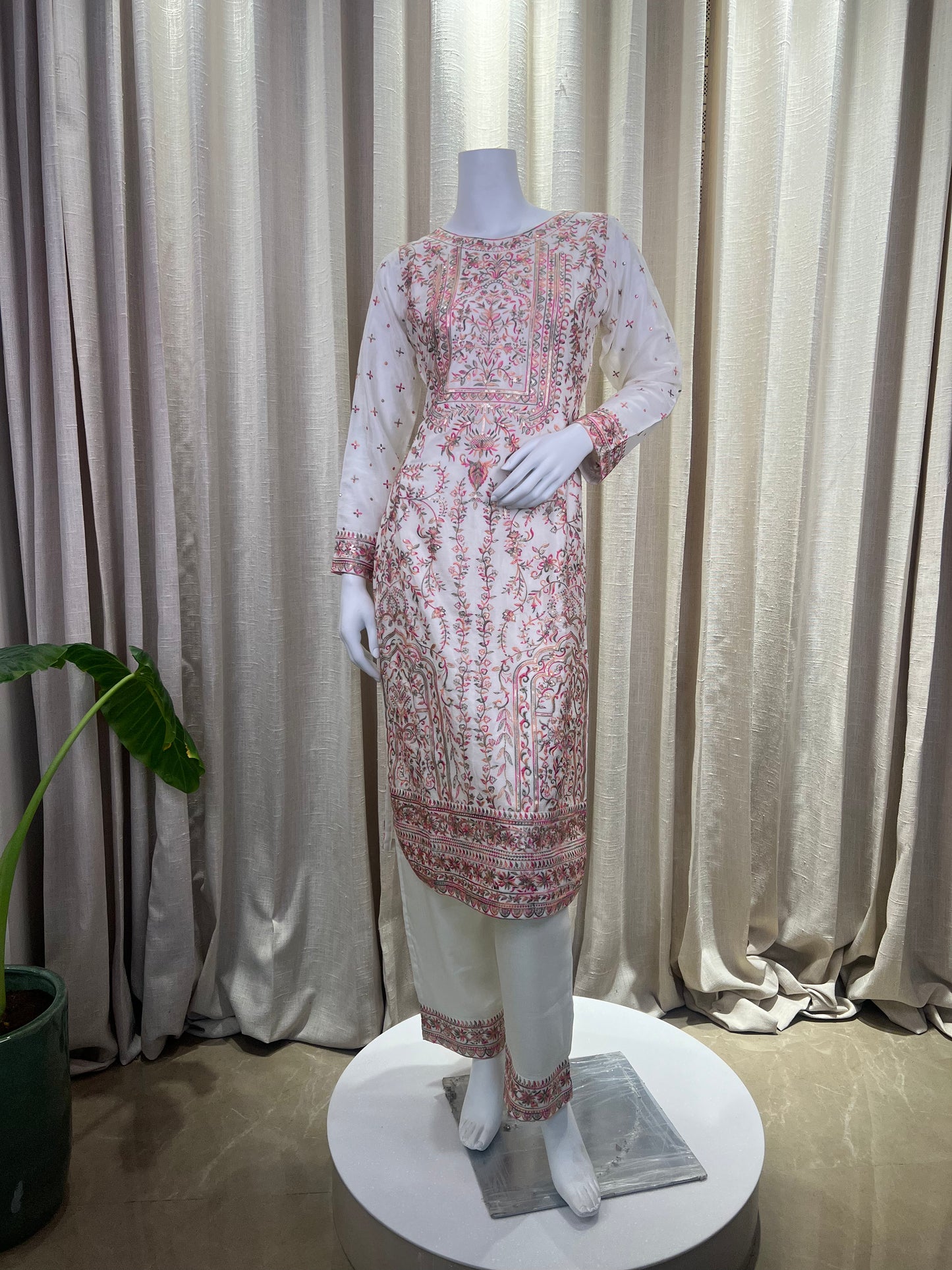 Ivory White Embroidered Kurti Set with Subtle Sequin Accents