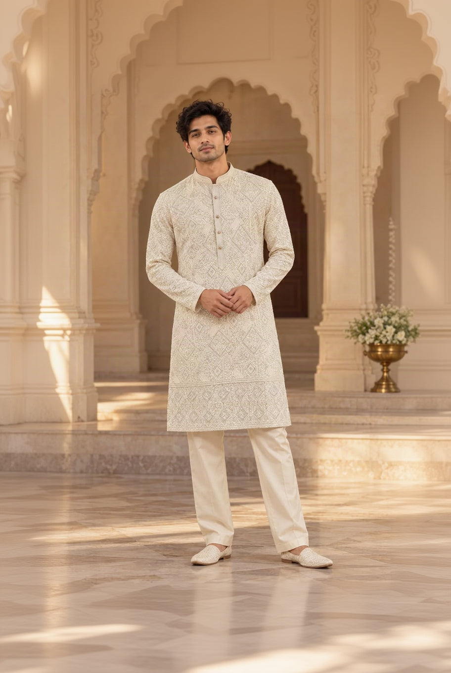 Ivory White Geometric Embroidered Kurta
