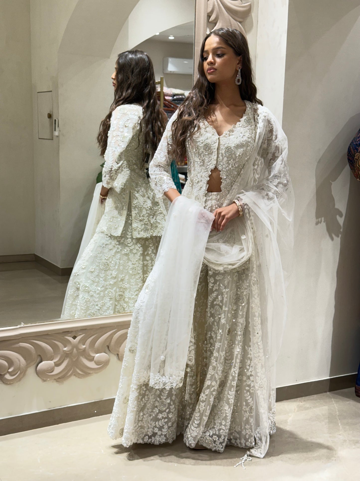 Ivory White Indo-Western Set with Delicate Thread and Bead Embroidery