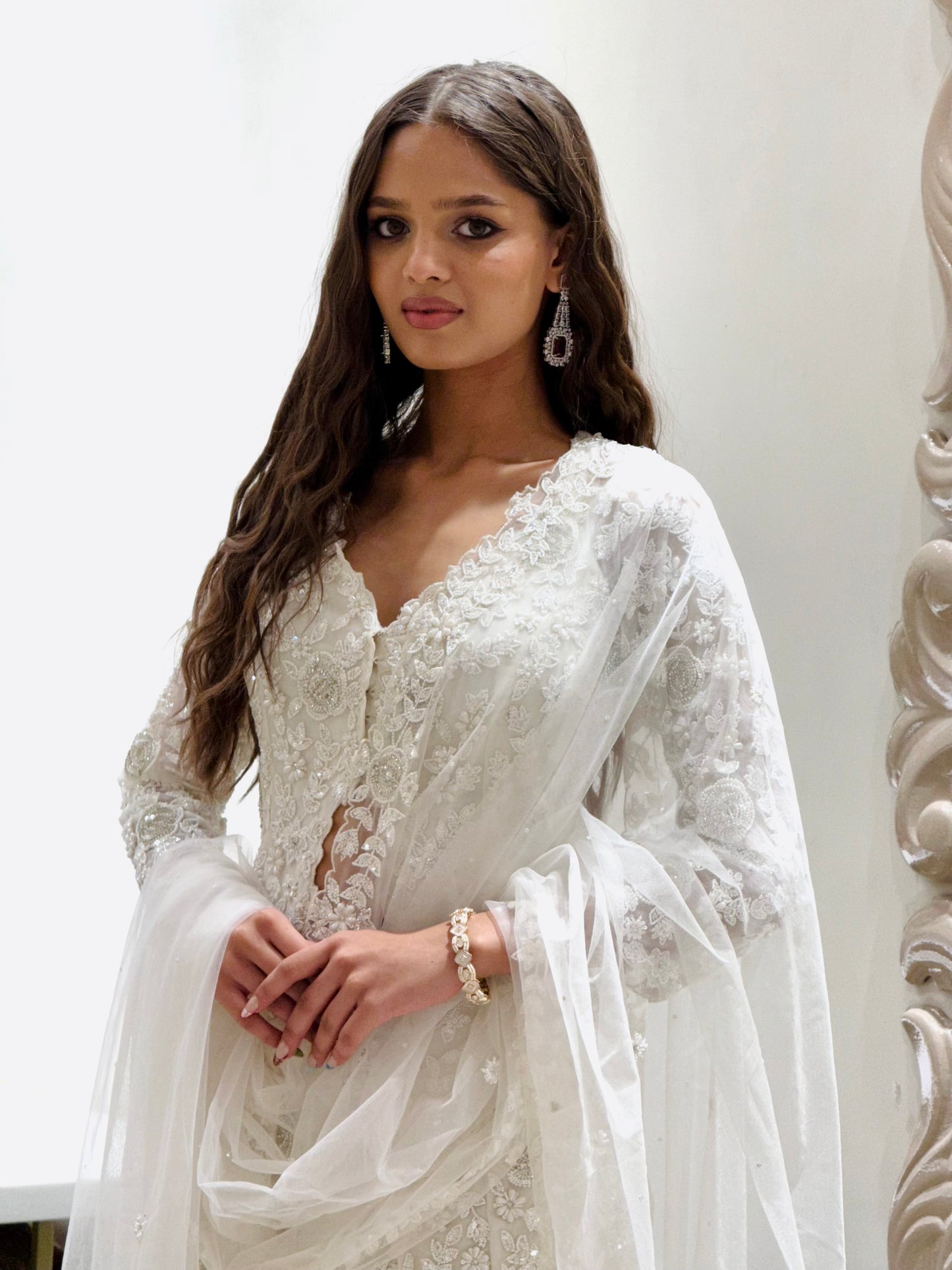 Ivory White Indo-Western Set with Delicate Thread and Bead Embroidery