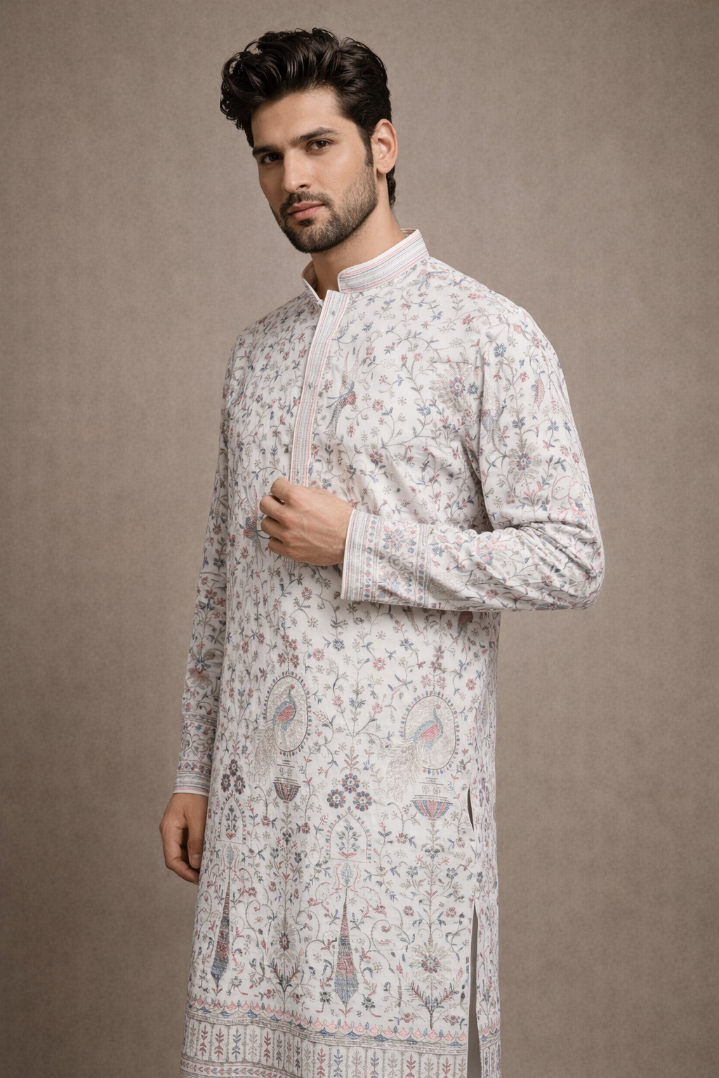 Ivory White Multicolor Embroidered Premium Silk Kurta Set