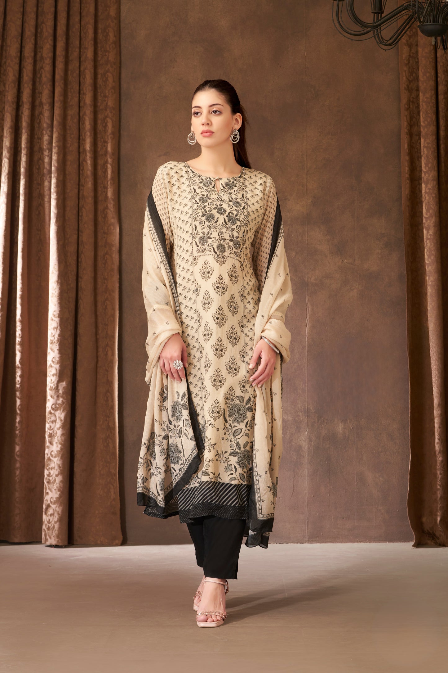 Ivory & Black Printed Straight Kurta Set with Dupatta