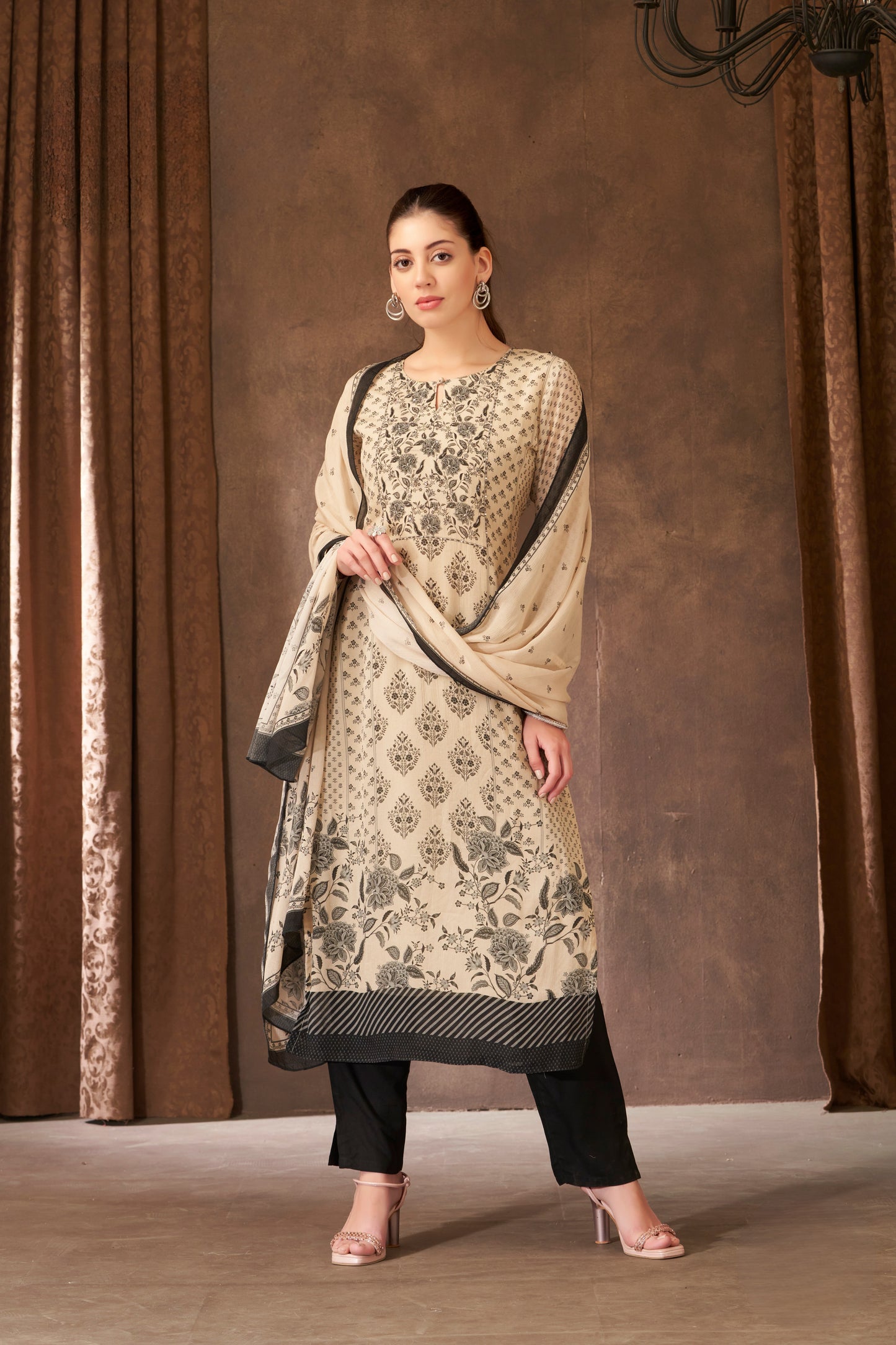 Ivory & Black Printed Straight Kurta Set with Dupatta