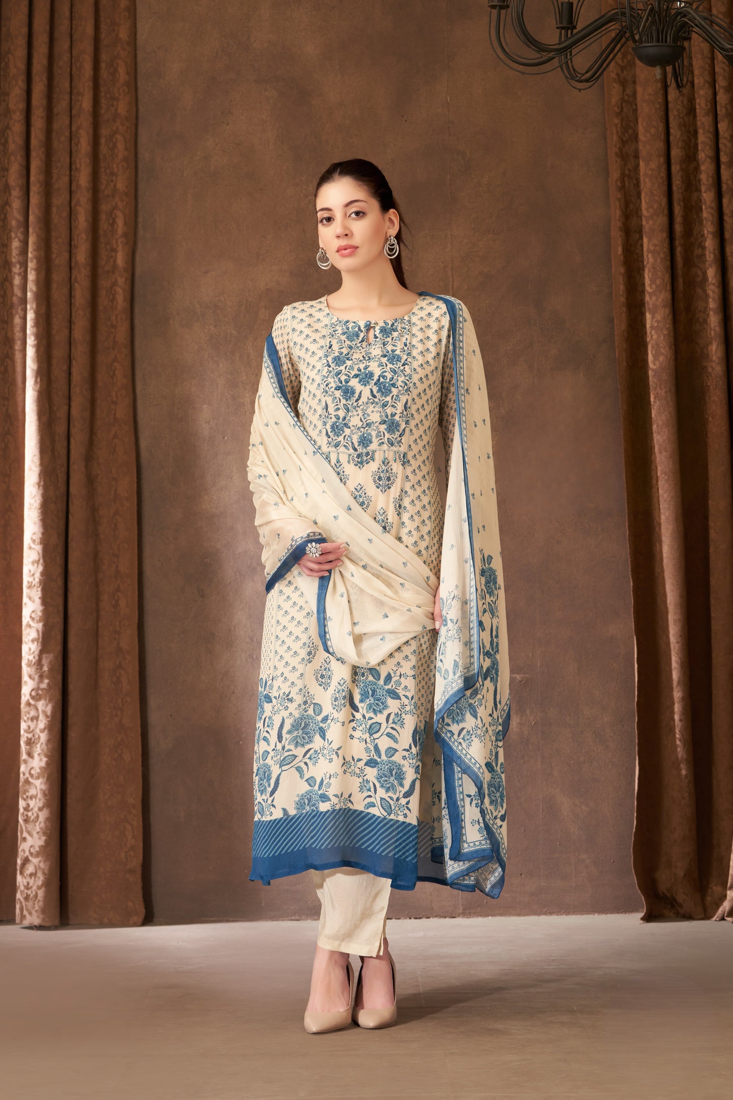 Ivory & Blue Floral Printed Kurta Set with Dupatta