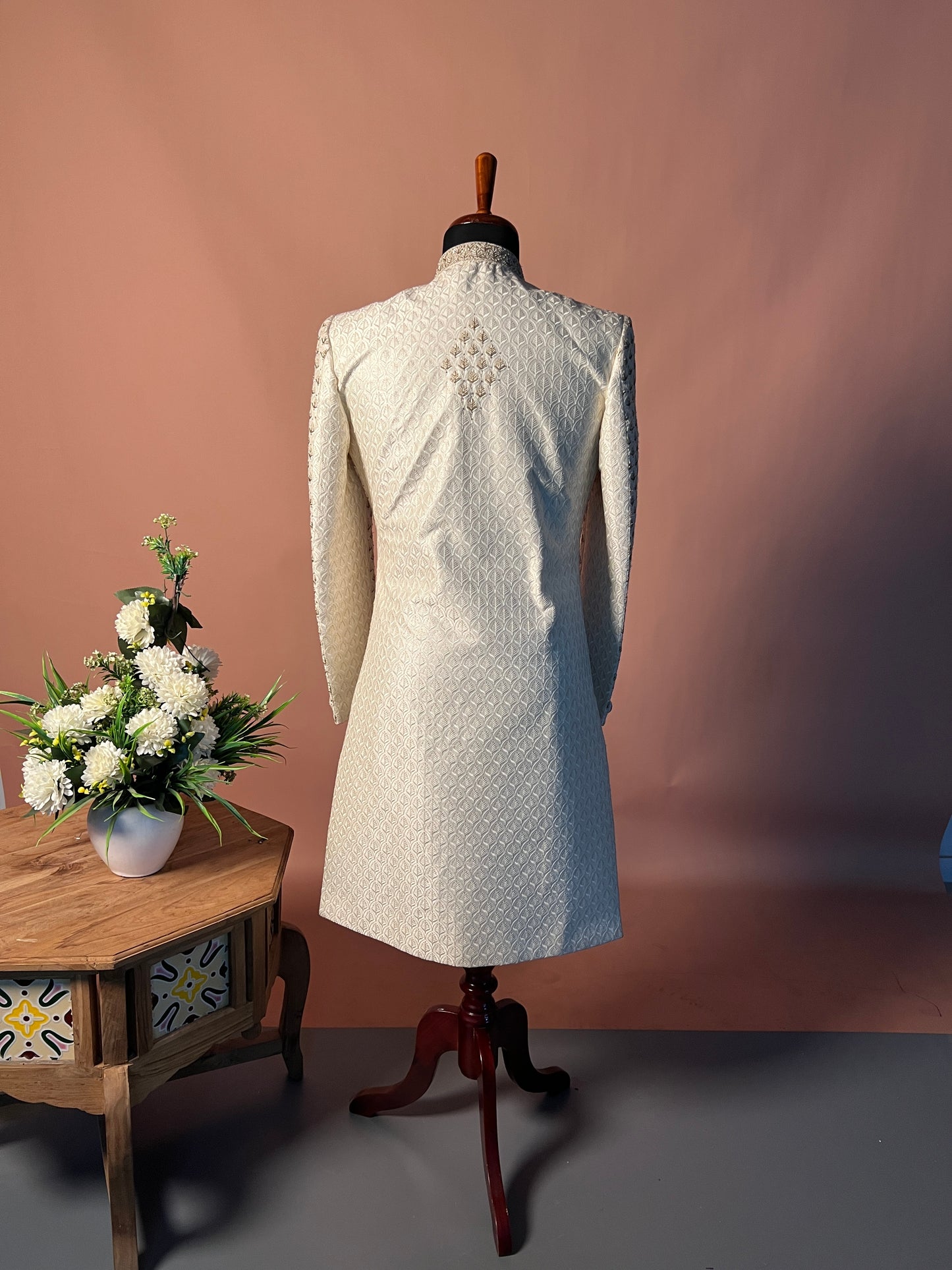 Ivory Royal Buttoned Sherwani with All-Over Thread Embroidery
