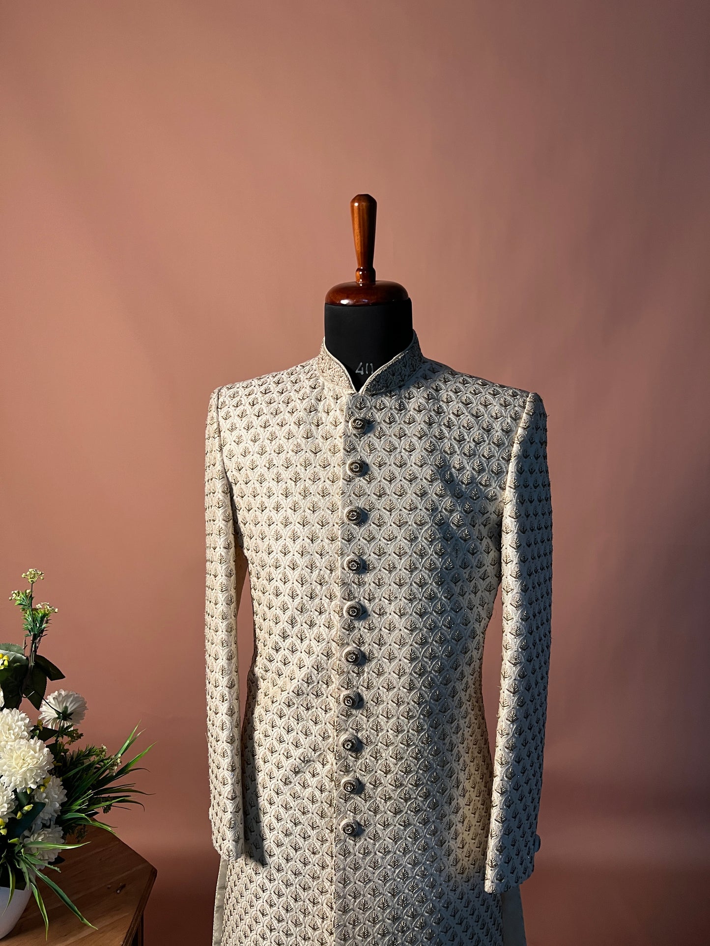 Ivory Royal Buttoned Sherwani with All-Over Thread Embroidery