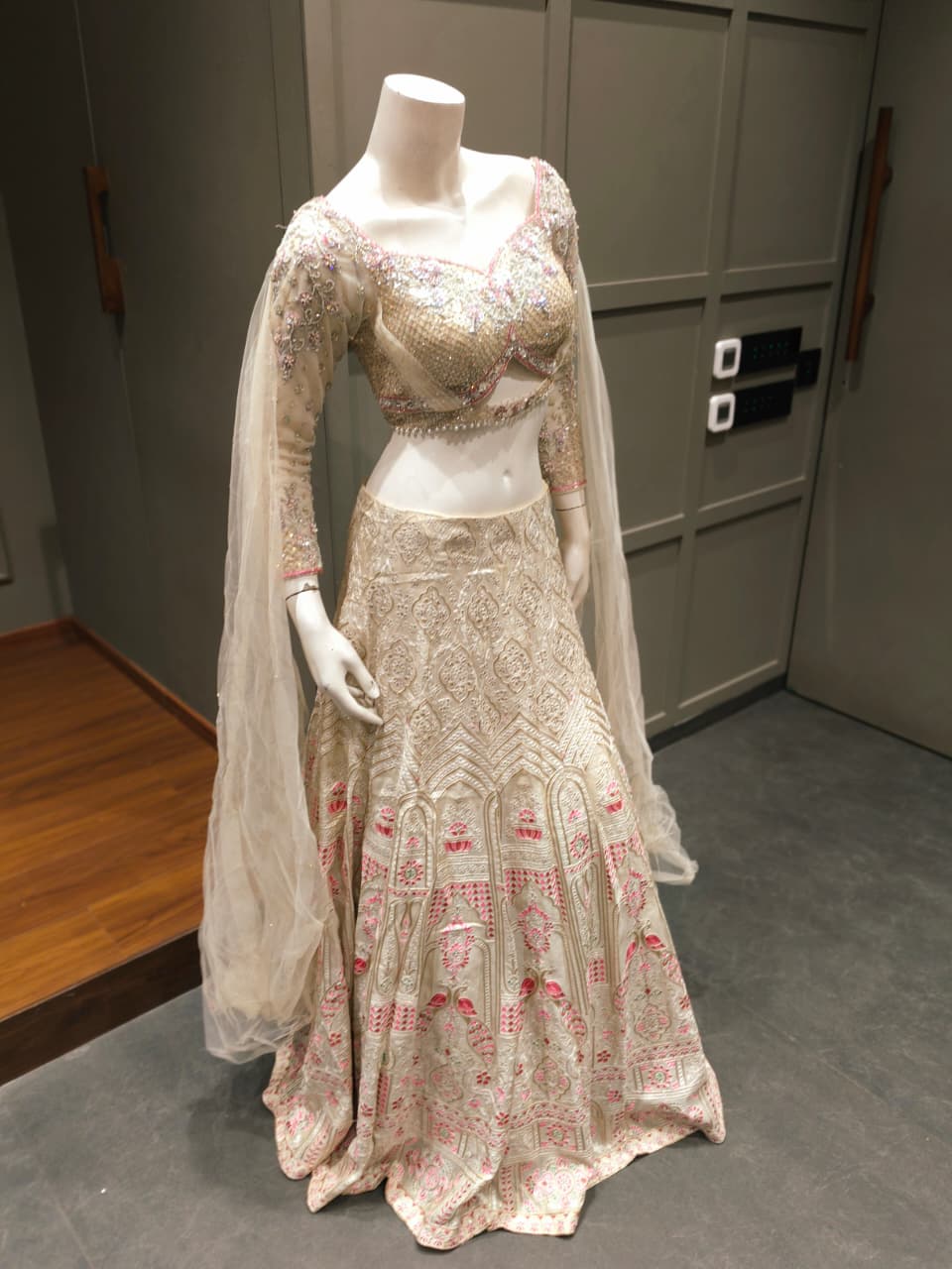 Ivory and Blush Pink Embroidered Bridal Lehenga with Crystal Work Blouse