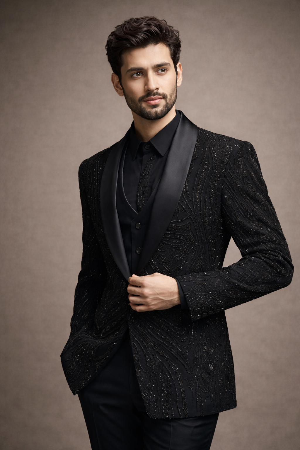 Jet Black Embroidered Designer Tuxedo Suit