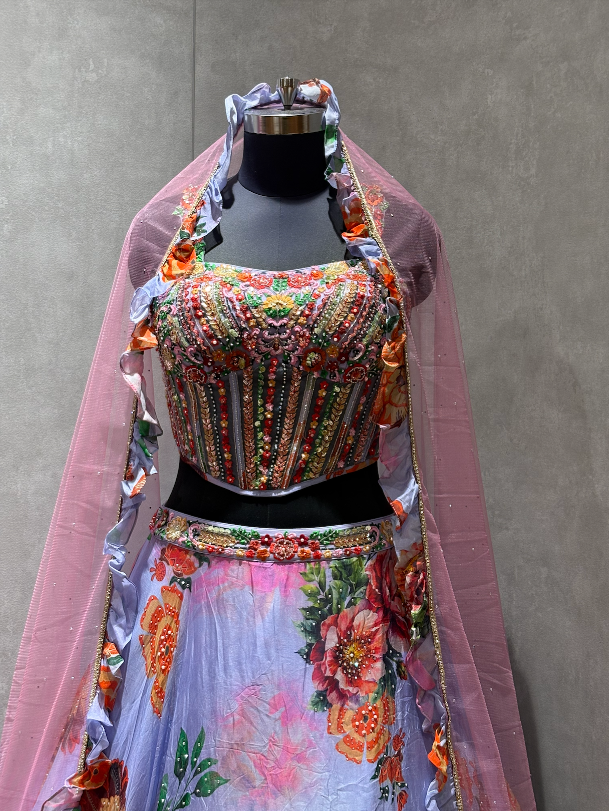 Lavender Floral Print Lehenga with Multicolor Embroidered Blouse and Pink Dupatta