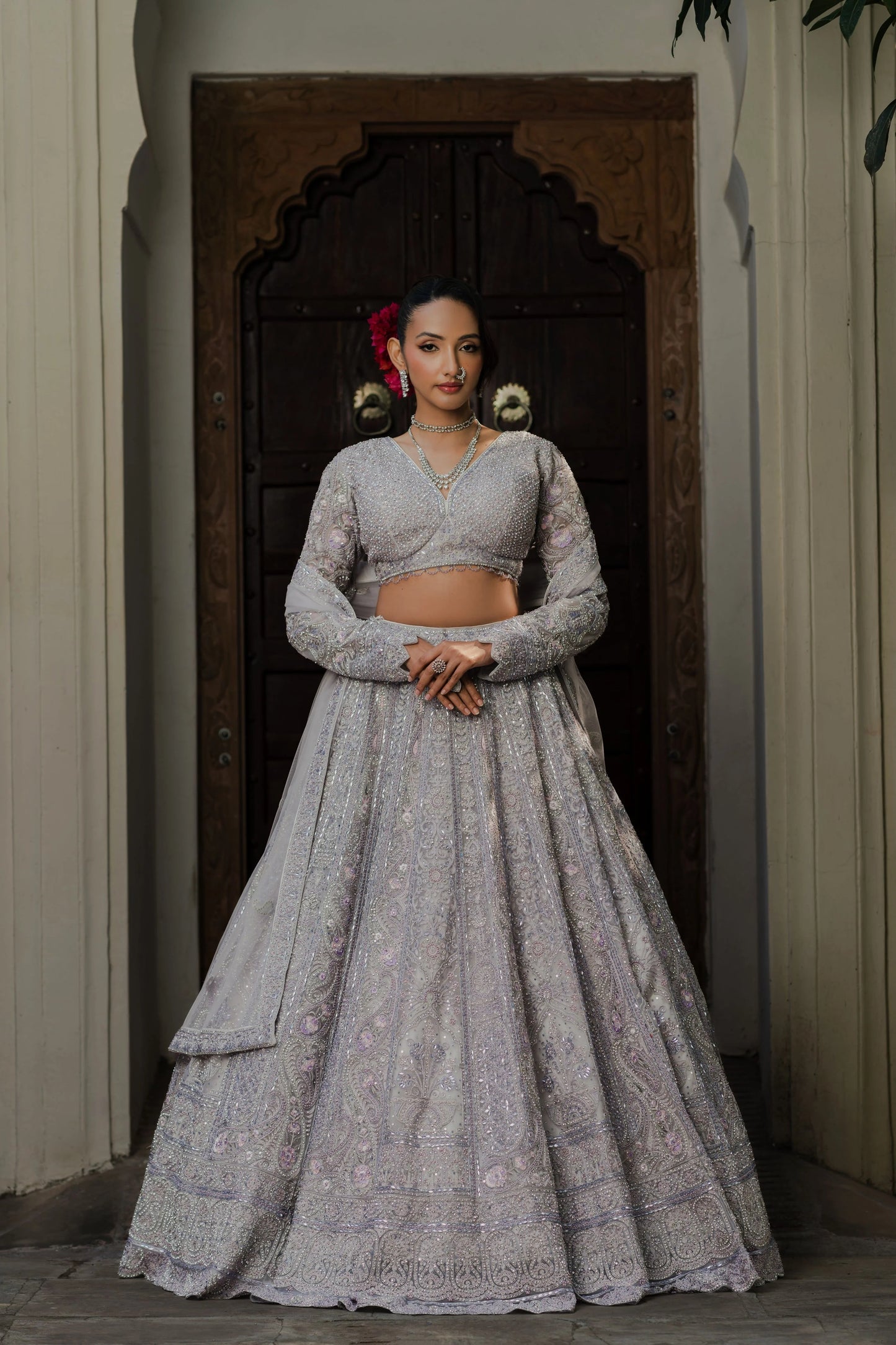 Lavender Net Embellished Lehenga