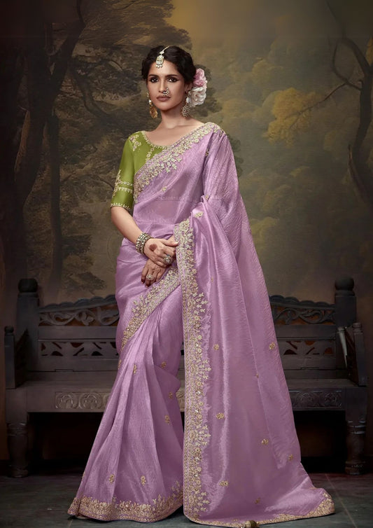 Lavender Organza Saree In Embroidery