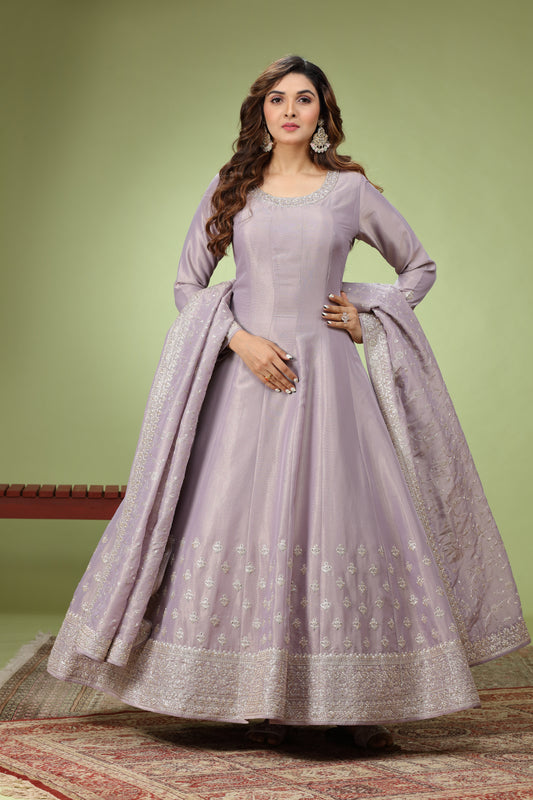 Lavender Purple Art Silk Dori Embroidered Anarkali Suit