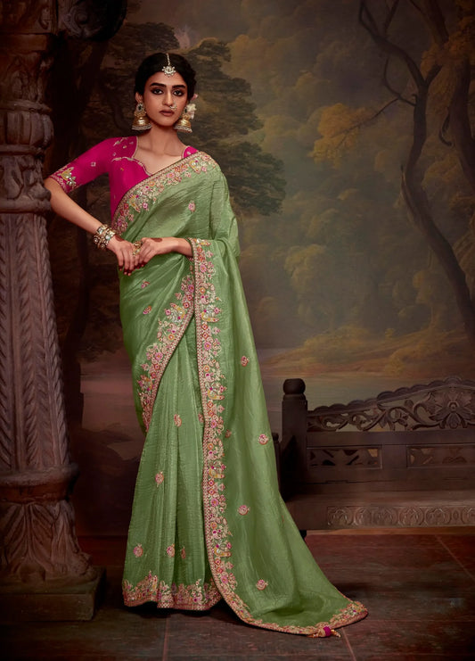 Light Green Embroidered Organza Saree Set