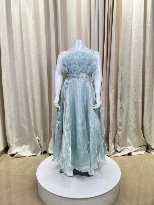 Light Mint Green Organza Gown with Pleated Bodice and Embellished Waist