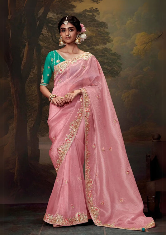Light Pink Embroidered Organza Saree Set