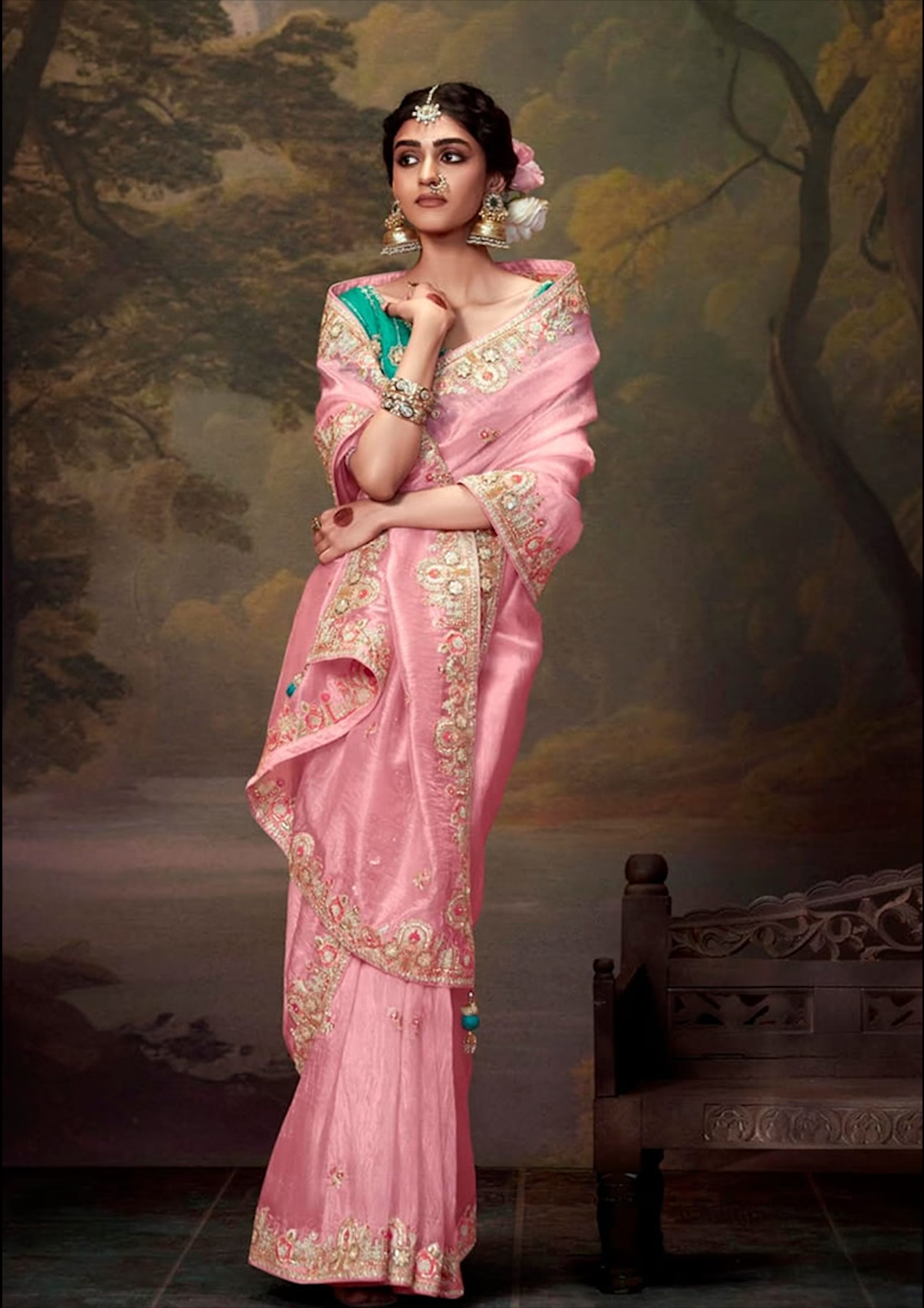 Light Pink Embroidered Organza Saree Set