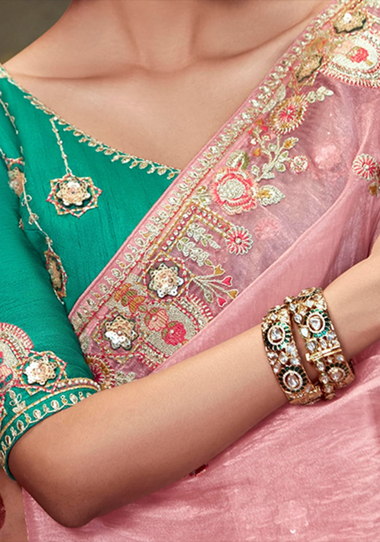 Light Pink Embroidered Organza Saree Set