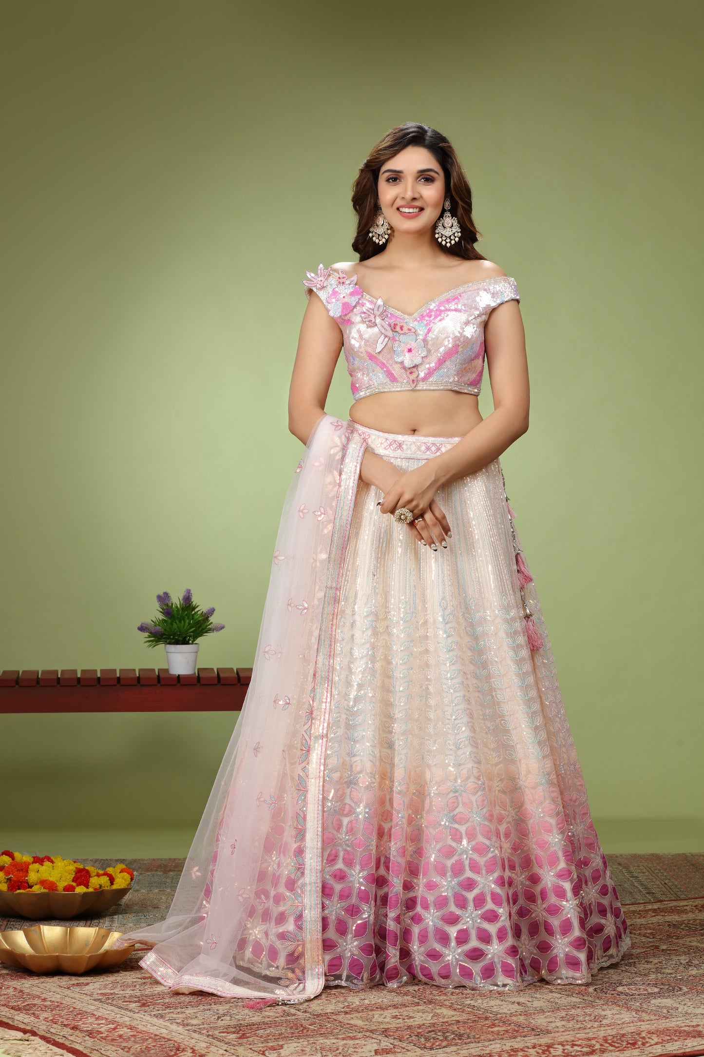 Light Pink Patch Work Lehenga in Net with Bead and Sequin Work Blouse