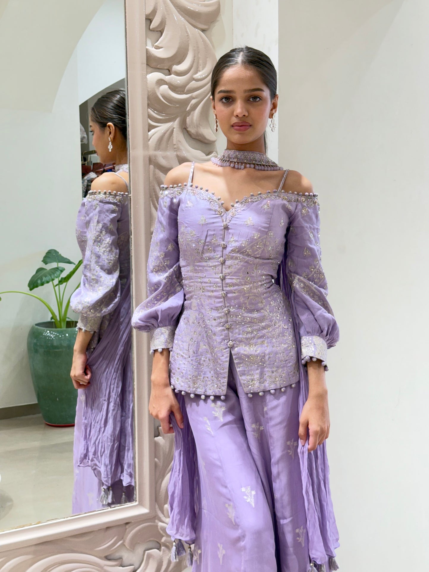 Lilac Off-Shoulder Embroidered Sharara Set with Corset Blouse