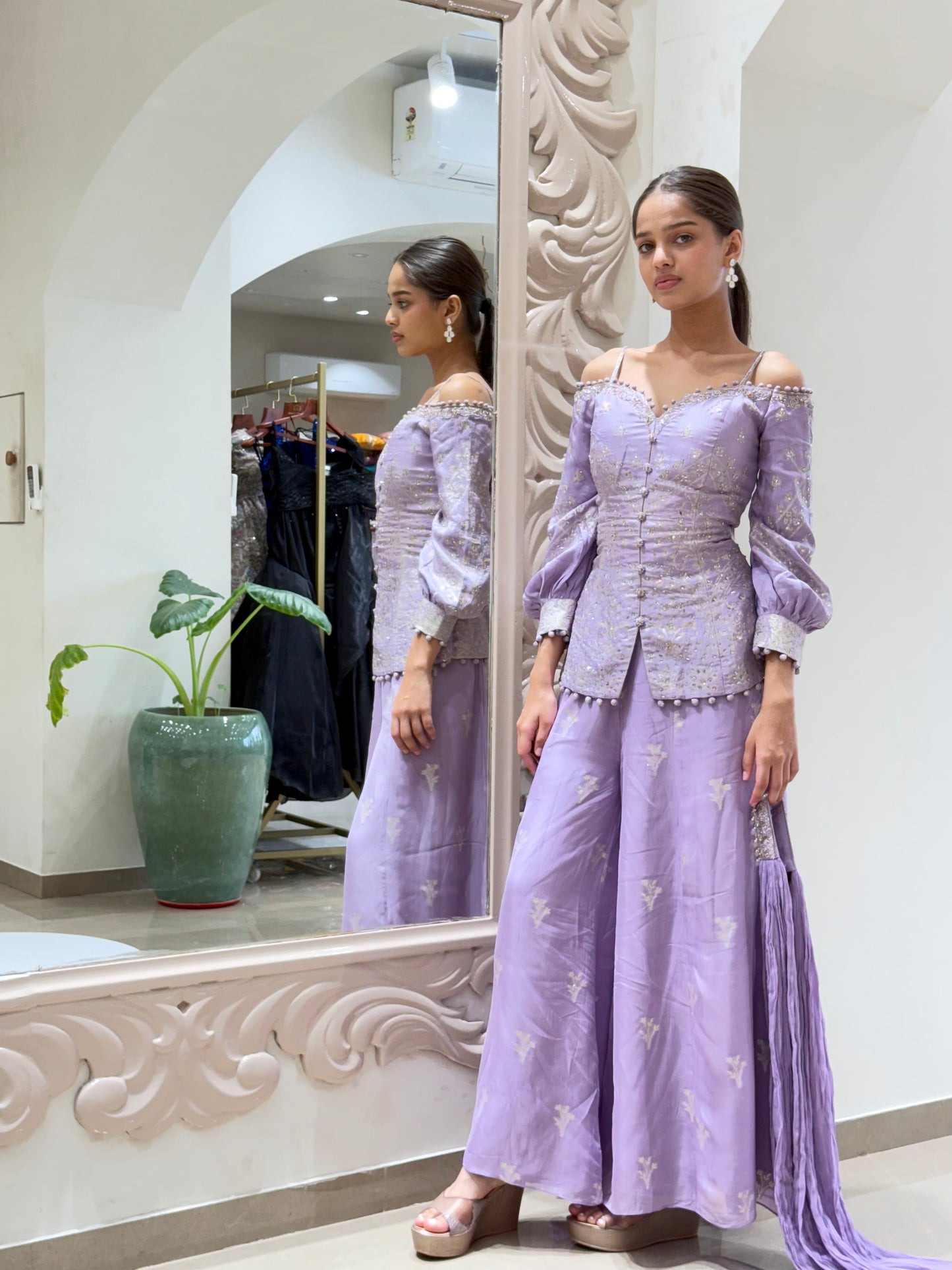 Lilac Off-Shoulder Embroidered Sharara Set with Corset Blouse