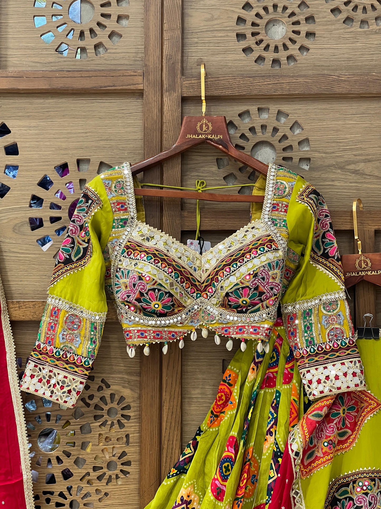Lime Green and Red Gujarati Navratri Chaniya Choli with Kutchi Embroidery and Mirror Work