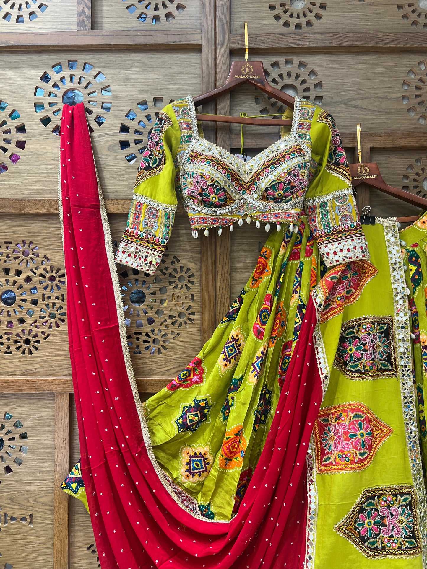 Lime Green and Red Gujarati Navratri Chaniya Choli with Kutchi Embroidery and Mirror Work