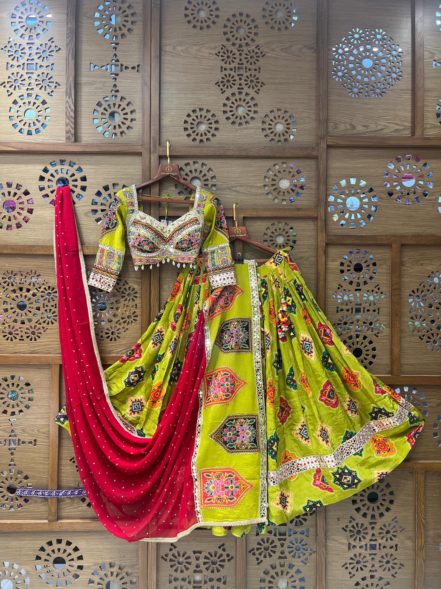 Lime Green and Red Gujarati Navratri Chaniya Choli with Kutchi Embroidery and Mirror Work