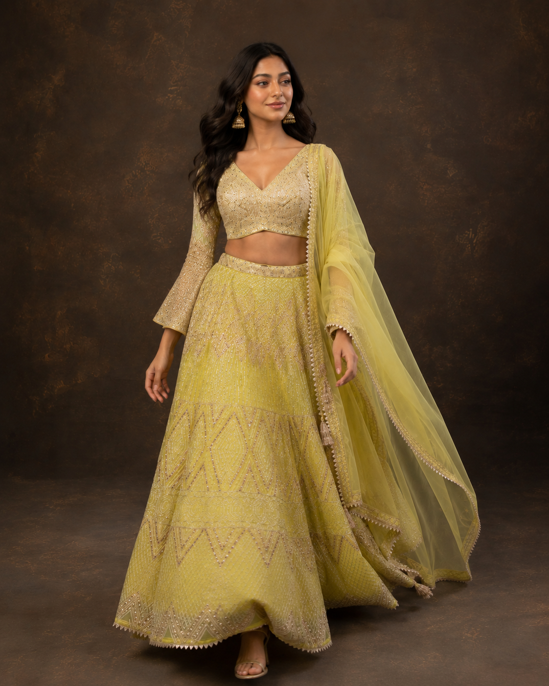 Lime Yellow Sequins & Thread Embroidered Designer Lehenga Choli
