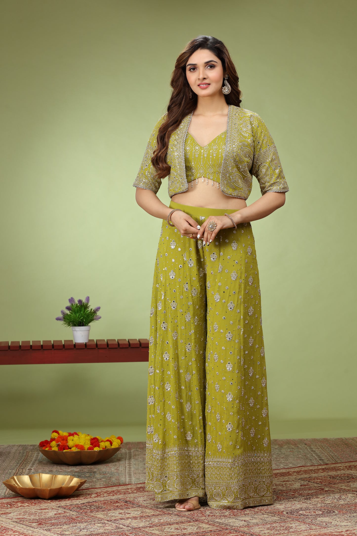 Lime Green Georgette Indo Western Jacket Crop Top Palazzo