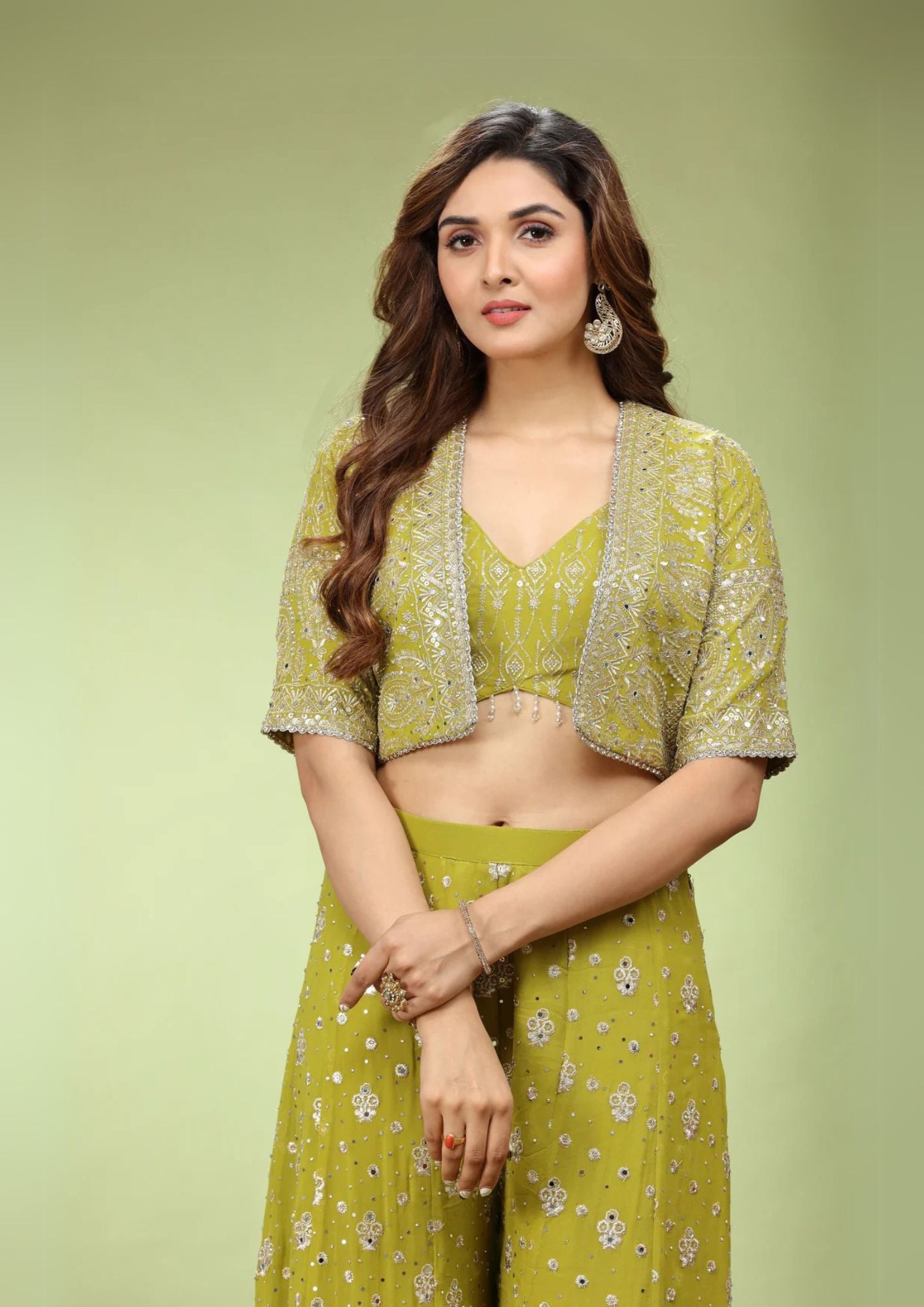 Lime Green Georgette Indo Western Jacket Crop Top Palazzo